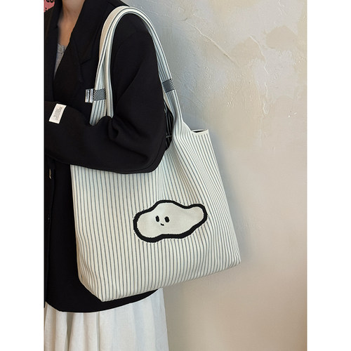 韩系复古条纹针织云朵包2025新款大容量单肩包小众外出通勤托特包