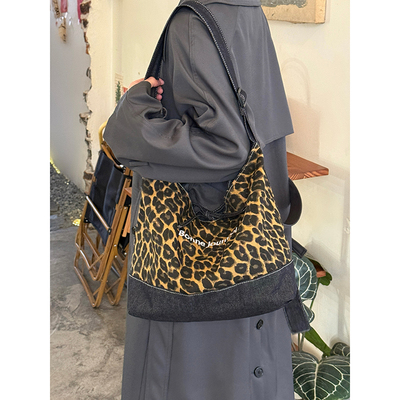 复古双面豹纹大容量托特包女新款百搭休闲单肩斜挎包日常通勤包包