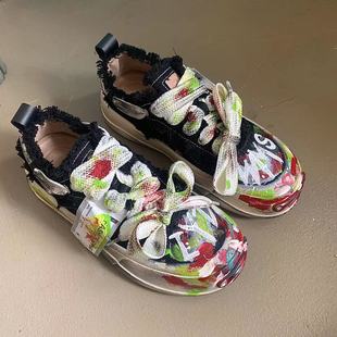 开口笑帆布鞋檀健次同款男女鞋2023春夏季新款厚底增高涂鸦乞丐鞋