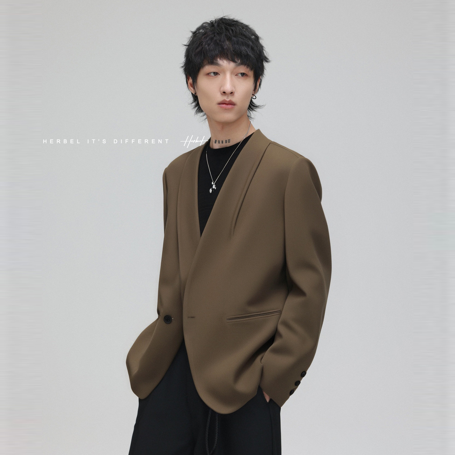 HERBEL/黑白无领西装外套男装秋