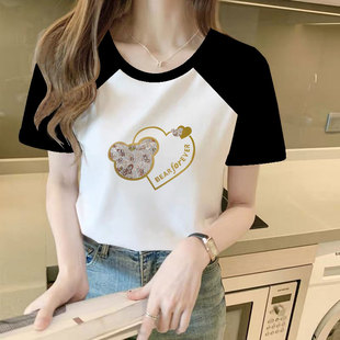 仿棉正肩短袖 小众设计感撞色洋气减龄显瘦上衣 t恤女2025新款 夏季