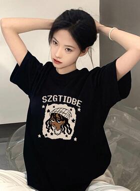 黑色妈妈短袖t恤女宽松2026新款夏季美式高街潮牌高级感半袖上衣