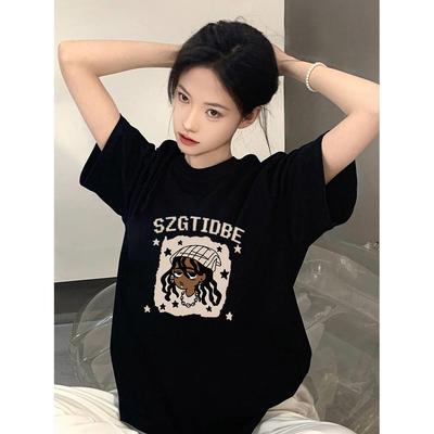 黑色仿棉短袖t恤女宽松2024新款