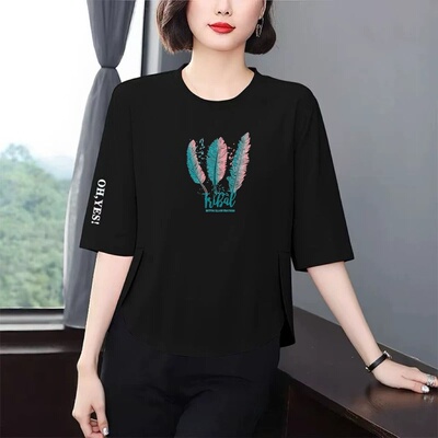 妈妈装七分袖遮肚显瘦T恤