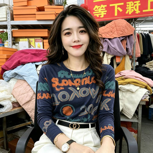 清仓捡漏洋气印花网纱长袖T恤女妈妈圆领百搭显瘦上衣中老年女装