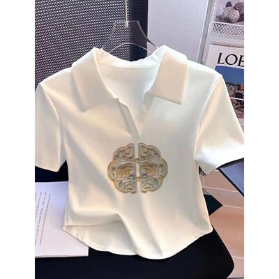 白色正肩v领短袖t恤女夏季2026新款韩系chic别致短款小上衣polo衫