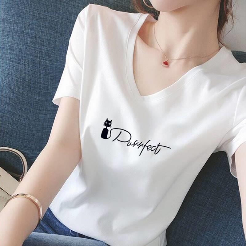 白色妈妈短袖V领t恤女2026新款夏季欧美潮牌正肩女装上衣服ins潮图片