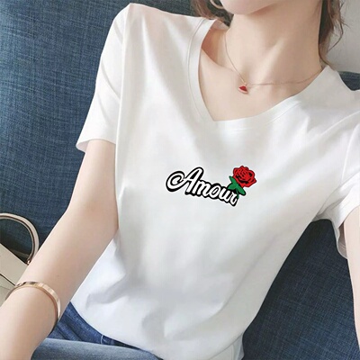 白色V领短袖宽松玫瑰印花女T恤