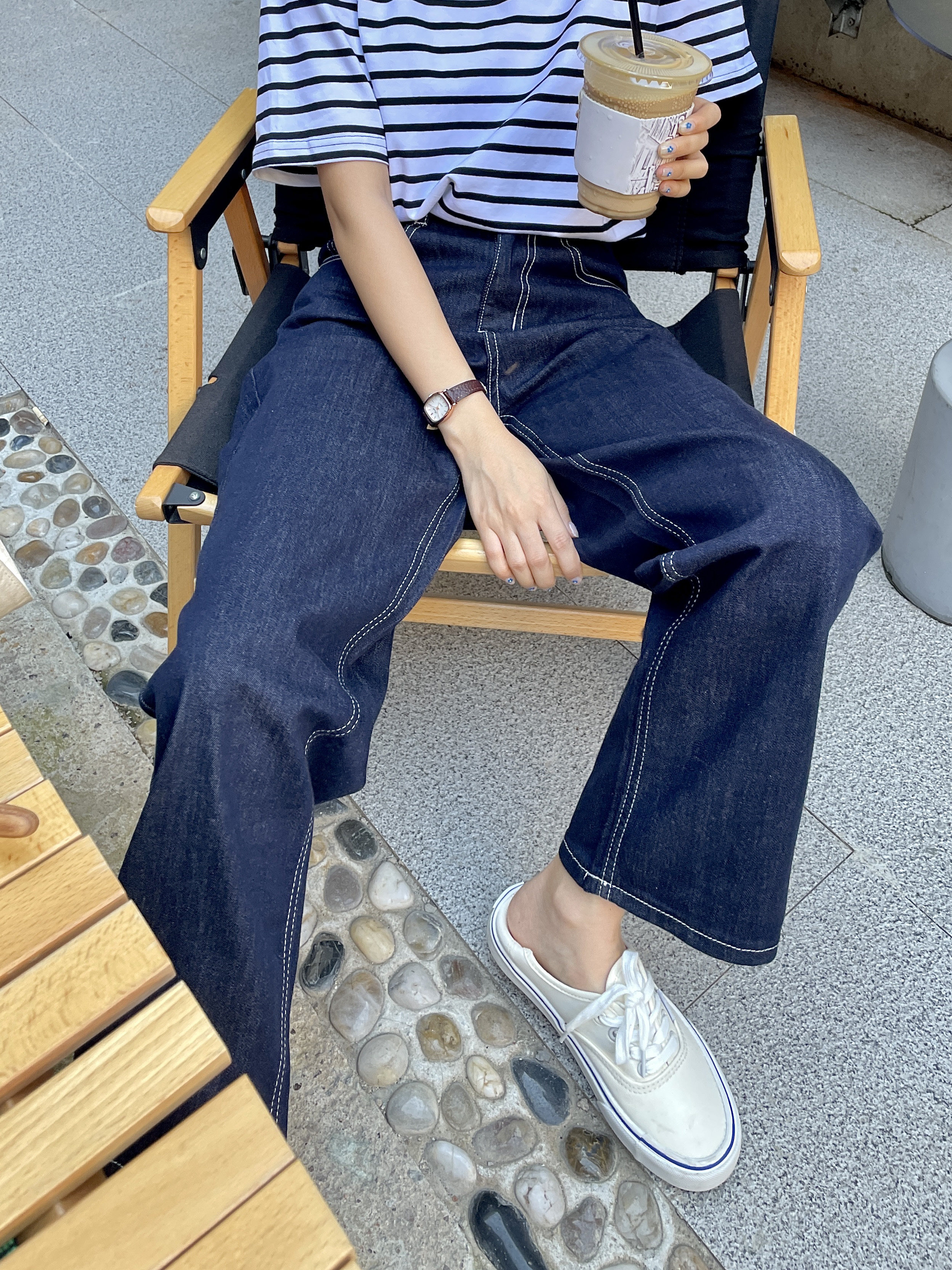 薄款!小个子深蓝色高腰牛仔裤女宽松直筒 海菜的衣橱