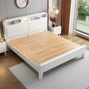 北欧静音全实木床双人1.8米主卧床1.5现代简约榫卯结构满铺白色床