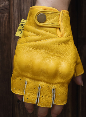 夏季半指头层牛皮手套摩托机车露指骑行户外耐磨防摔黄色复古真皮