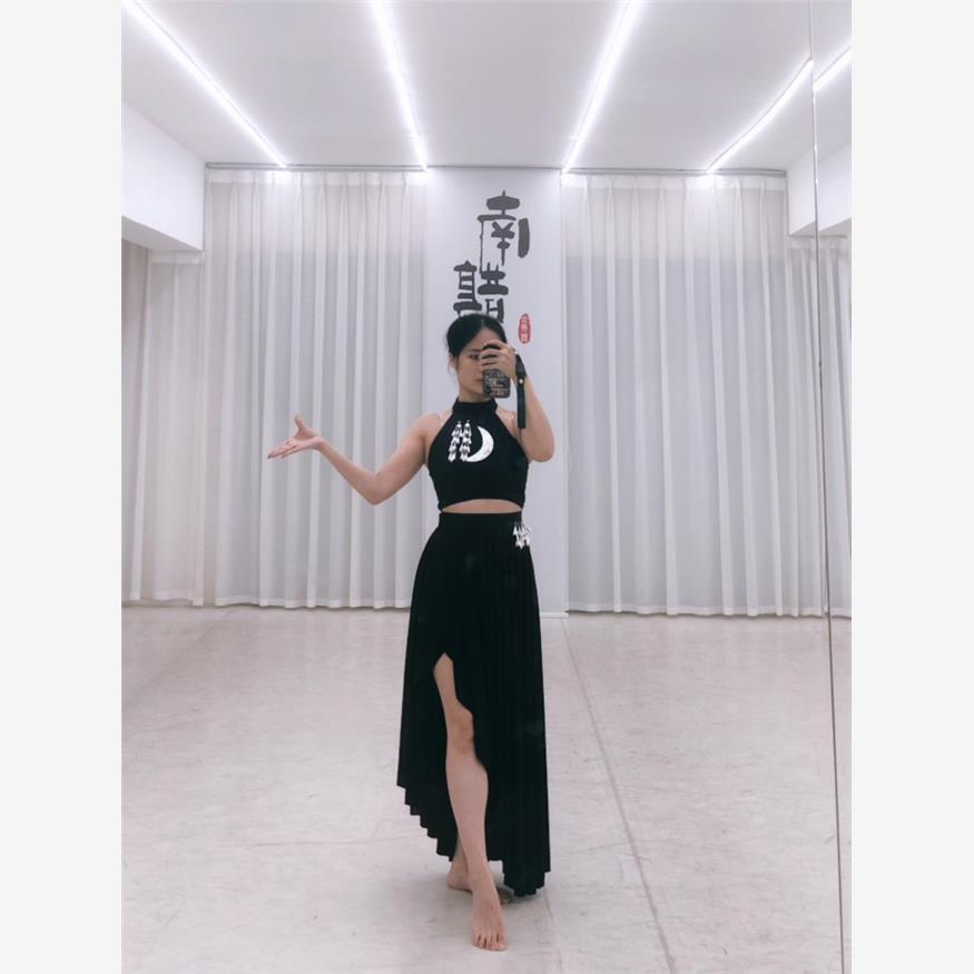 傣族舞蹈服装现代大摆裙黑色开叉花腰练功裙 15届black艺考演出服