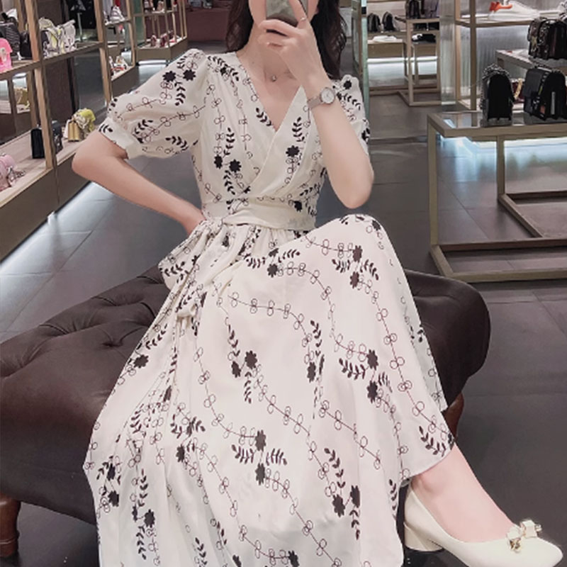 白底印花 夏季V领连衣裙1332LYQ