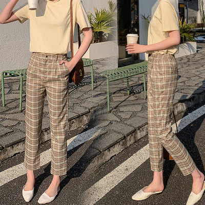 通勤格子高腰格子九分裤子