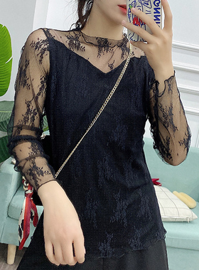 酷伽气质时尚入秋优雅新款网纱拼接长袖镂空上衣蕾丝打底衫7927
