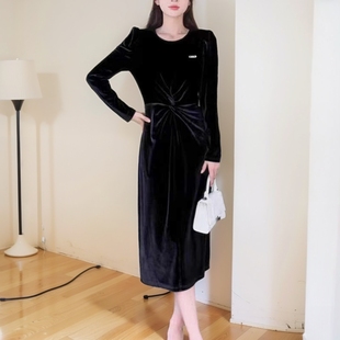 金丝绒连衣裙不显肚子a字裙女装摩登风暴外贸敬酒服名媛长裙子