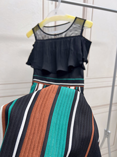 气质绝美中长款 收腰显瘦法式 新款 圆领荷叶边条纹连衣裙子女夏季