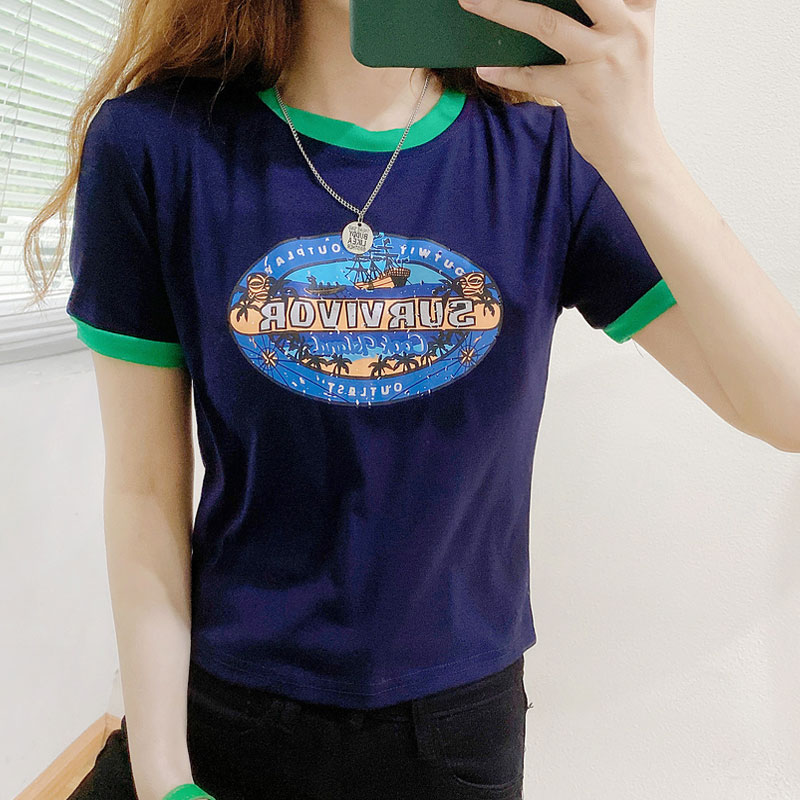 女生青春流行短袖撞色