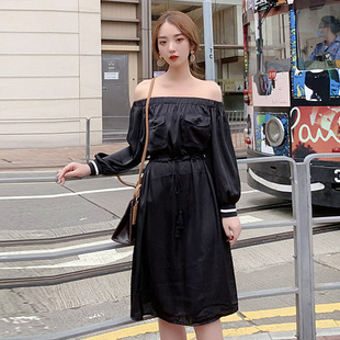 港味新款 时尚 抽绳收腰一字肩温柔风连衣裙女1025 优雅韩版 酷伽秋季