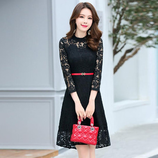 不送腰带 蕾丝优雅连衣裙9909 酷伽气质潮流纯色套头修身 中长款