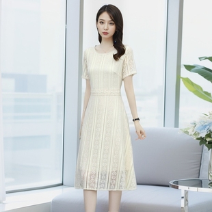 酷伽知性小个子潮流舒适温柔风中长款蕾丝修身显瘦气质连衣裙