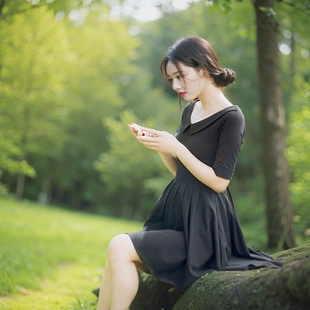 酷伽胖MM娃娃领小个子修身显瘦女装打底宽松聚会一字领黑色连衣裙