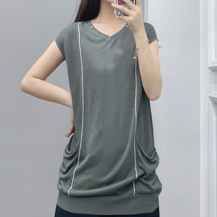 T恤V领中长款 针织无袖 新款 上衣7163 打底衫 修身 罩袖 酷伽夏季