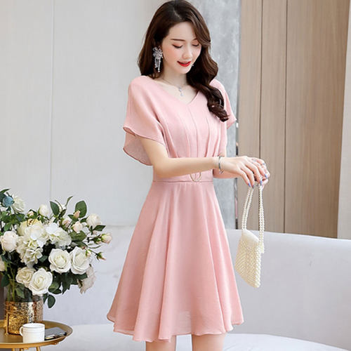 收腰纯色公主裙短袖夏季短裙