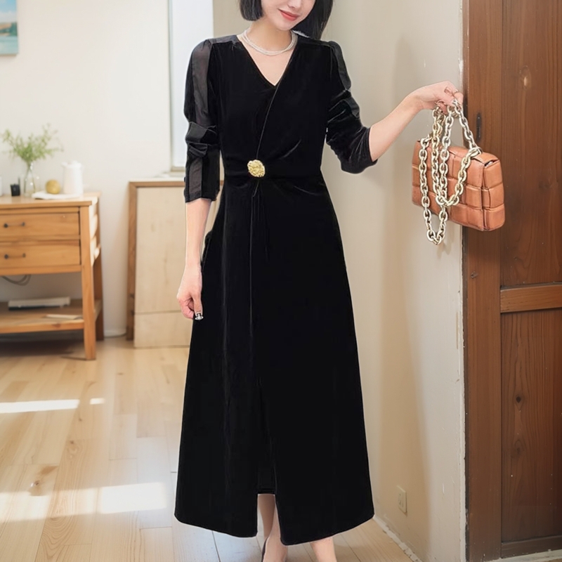 酷伽秋季新款法式复古丝绒连衣裙女气质收腰显瘦长袖中长款裙子潮