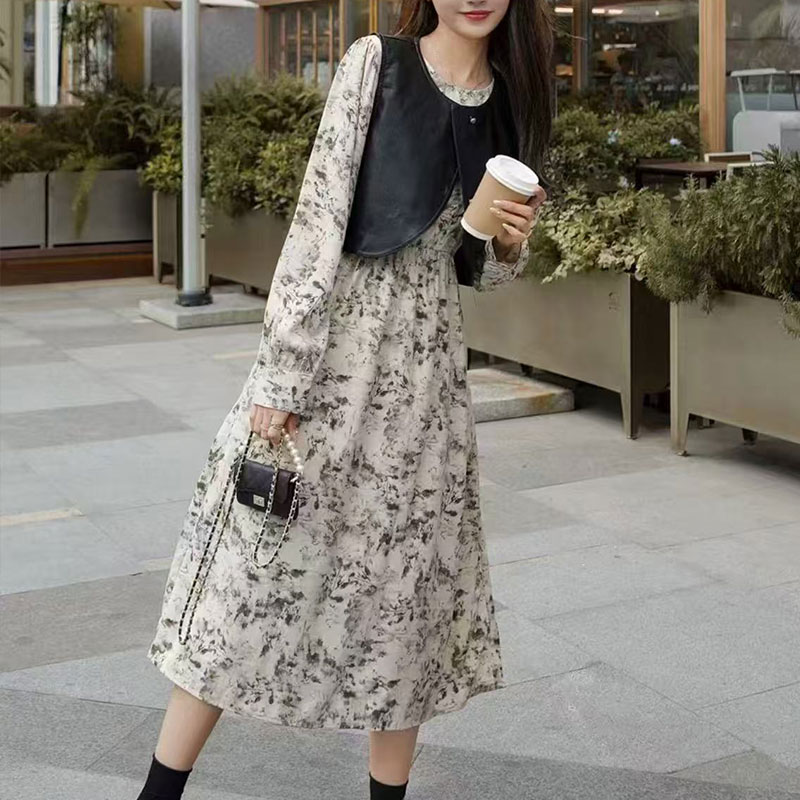 水墨长袖连衣裙+皮马甲气质两件套3396TZ