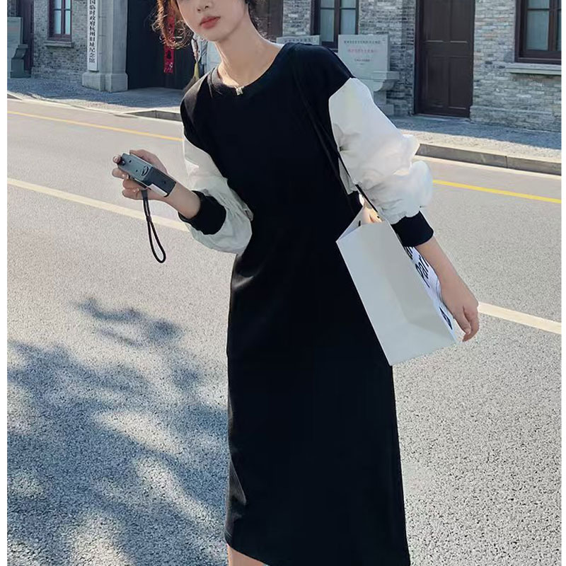 圆领拼接收腰气质连衣裙8033LYQ