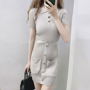 纯欲风显瘦裙子潮5759 修身 酷伽春秋新款 翻领针织连衣裙女韩版