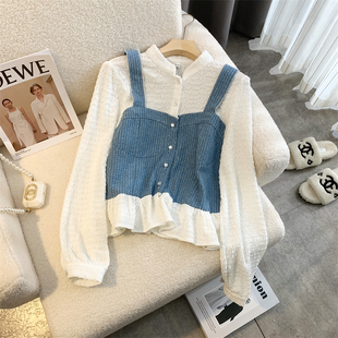 2026新款女装春款韩系学院蓝白条纹假两件上衣女修身荷叶边长袖