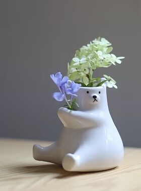 圣承 可爱小熊陶瓷花瓶桌面摆件卡通造型插花器简约风