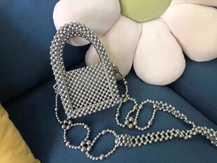 包包女2022新款韩国网红撞色小清新手工珍珠链条手提单肩斜挎包潮
