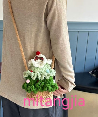 跨境成品手工钩织圣诞树毛线包创意礼品编织单肩趣味儿童斜挎包