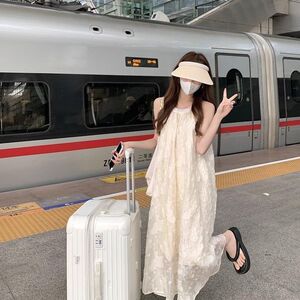 超仙雪纺挂脖无袖连衣裙海边度假裙子清纯甜美露肩中长款过膝裙子