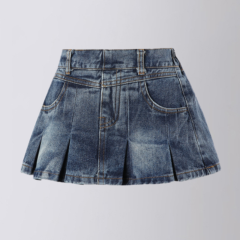 女童半身裙美式復古牛仔百褶裙