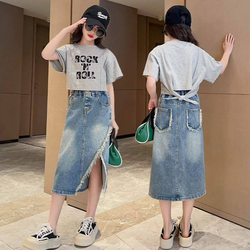 女童牛仔半身裙开叉2026夏季新款大童中长裙短袖T恤儿童两件套装t
