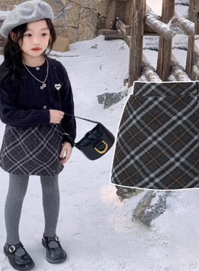 女童半身裙春秋装毛呢加绒灰色格子纹包臀裙儿童新年短裙洋气大童