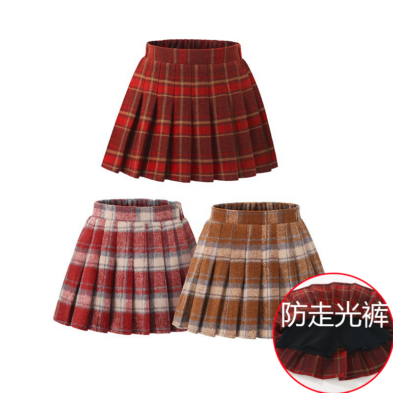 女童毛呢半身裙秋冬加厚红色格子百褶裙儿童学院风防走光短裙洋气