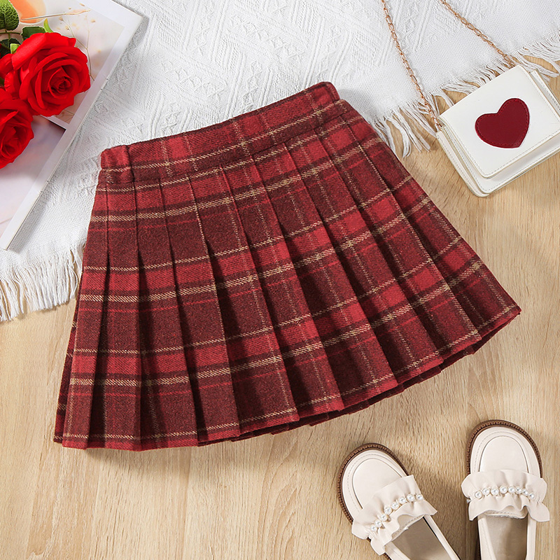 儿童百褶裙新款秋冬红色洋气圣诞女童装毛呢半身裙裤格子短裙高腰