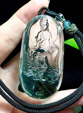 大号天然巴西绿幽灵普贤菩萨吊坠原石大师精雕龙蛇本命佛墨绿色