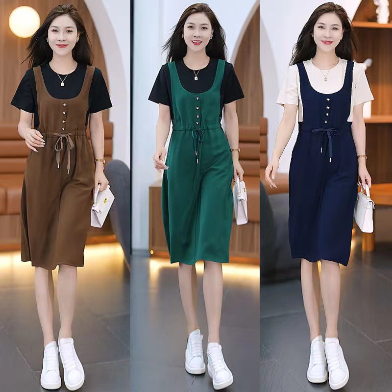 2024夏装新款胖妹妹减龄时尚休闲假两件气质遮肉中长款短袖连衣裙