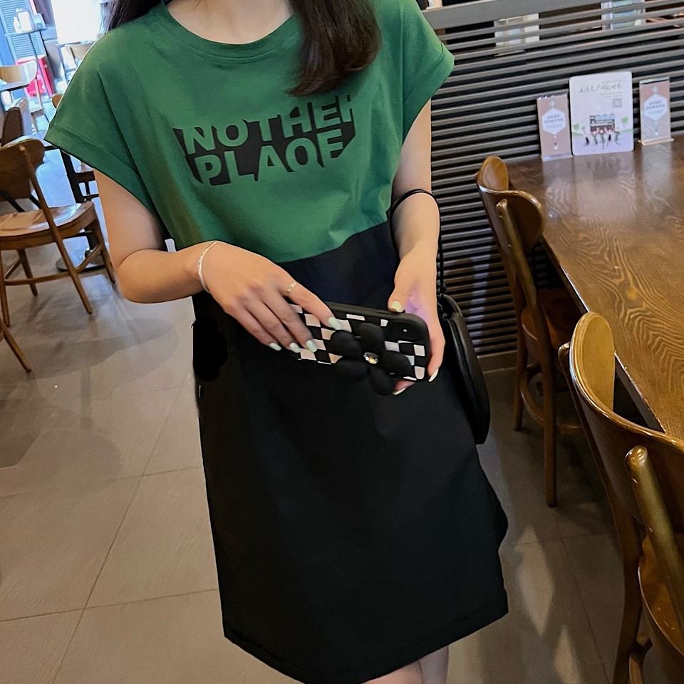 特大码300斤直筒拼接撞色短袖T恤裙女夏胖MM宽松休闲小个子连衣裙