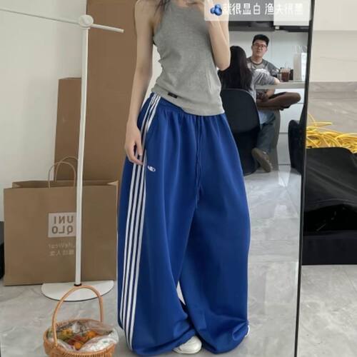 春夏垂感条纹侧边四杠美式复古阔腿裤松紧腰抽绳宽松运动宽松长裤