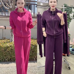 广场舞团队服女士时尚套装2026春款简约帽款上衣直筒裤休闲两件套
