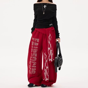 男女春秋设计感宽松休闲直筒阔腿长裤 美式 复古字母火焰飘带弯刀裤