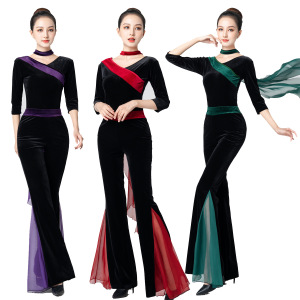 形体服女连体套装秋冬季新款金丝绒修身导师中袖舞蹈演出服两件套
