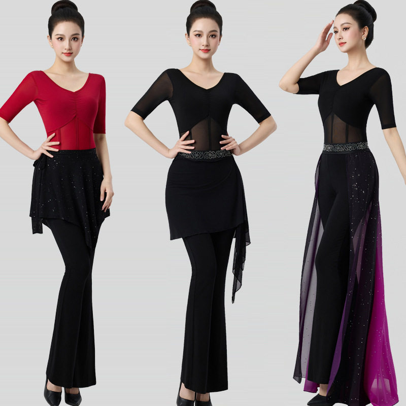 形体服女套装连体瑜伽春夏季新款网纱莫代尔修身现代跳舞舞蹈服